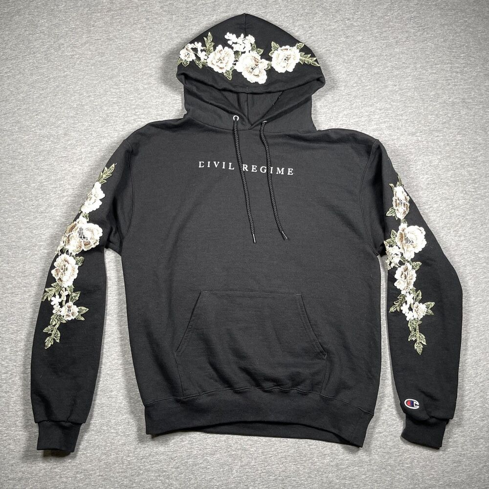 Champion Pullover Womens M Black Civil Regime Hoodie Floral Embroidered Fleece